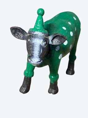 Green Polka Dot Cow Figurine With Party Hat  Fun Collectible